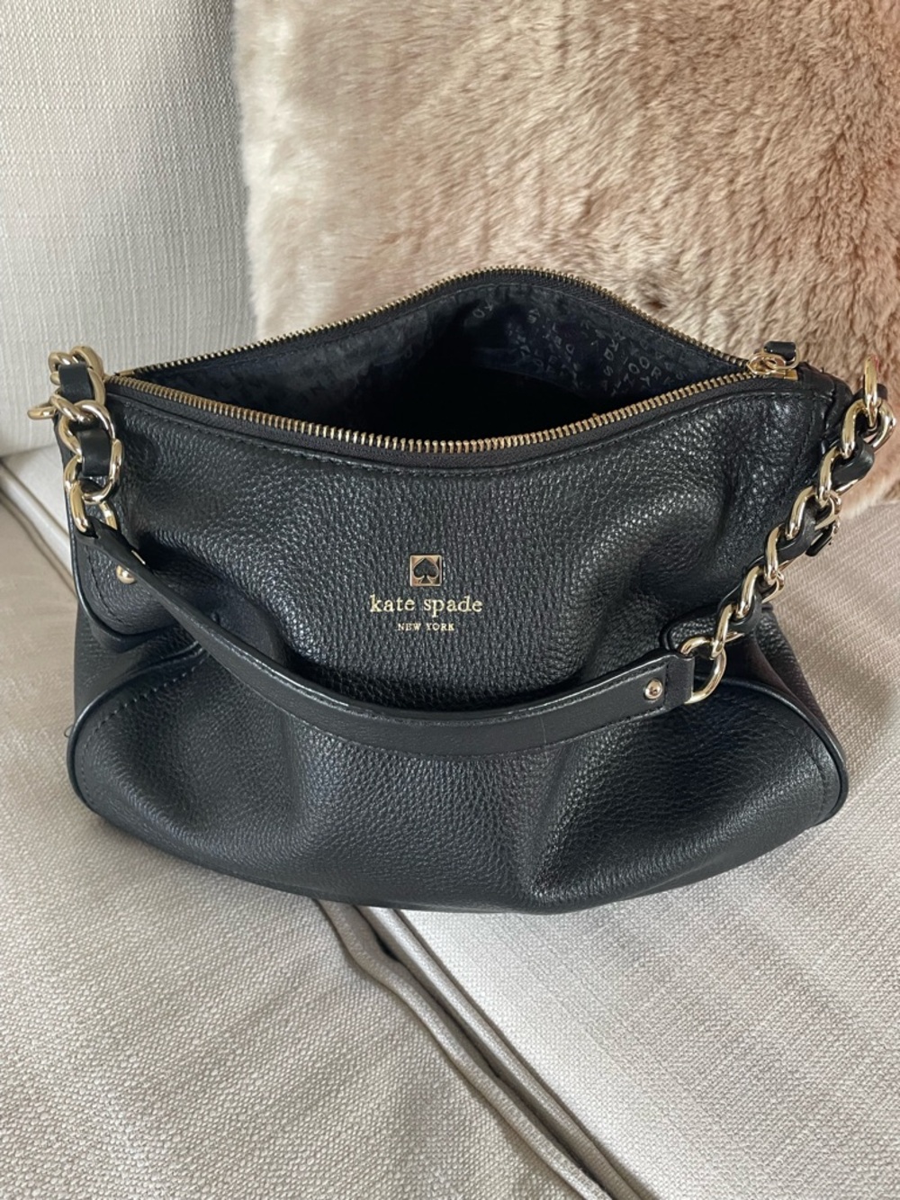 Kate Spade Black Pebbled Leather Chain-Accent Shoulder Bag